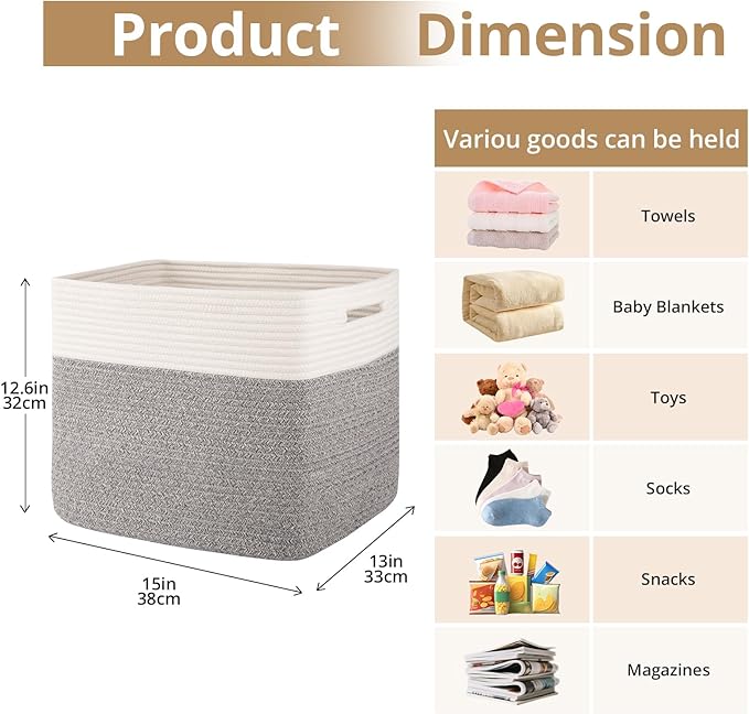 OIAHOMY 13 Kallax Inch Cube Storage Bins, 3-Pack Cotton Rope Woven Baskets for Organizing, Kallax Insert Storage Baskets for Shelves, Baby Nursery, Closet Organizer, 15 * 13 * 12.6IN, Grey & White