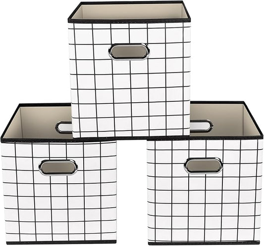Yunkeeeper storage bins Cubes, Fabric Cube Organizer with Handle, Foldable Cube Bins for Cloth or Accessary Storage, 11x11x11, Set of 3,(White grid)