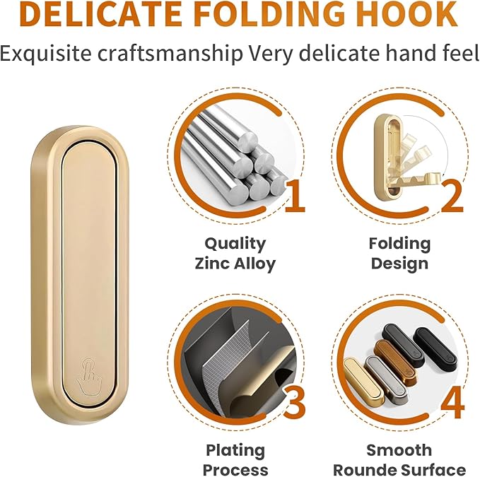 Foldable Hooks Wall Mount, Folding Coat Hooks Wall Mounted - Retractable Space Saving Organizer for Bathroom, Kitchen, Bedroom & Closet - Holds Scarf, Hat, Robe, Key, Purse, Bag (2, Gold)