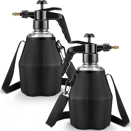 2 Pcs 1.5 Liter Misters Spray Pump Bottle with Full Neoprene Jacket and Built in Carrying Strap Garden Plant Mister Spray Bottle for Spring Personal Cooling Plants Watering (Black)