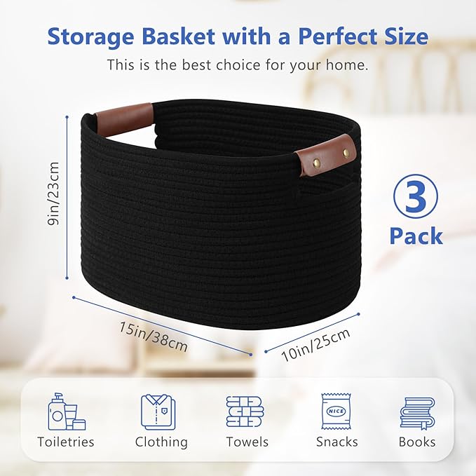 Cotton Rope Basket, Storage Baskets with Handle, 15x10x9 Inch Woven Basket for Shelves, Laundry, Towels, Clothes, Books, (Black 3Pack)