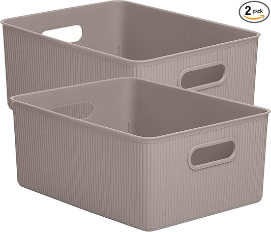 Decorative Plastic Basket Open Home Storage Bins Organizer, Large Taupe (2 Pack) Container Boxes for Organizing Closet Storage Bins for Shelves Drawer Shelf - Ribbed Collection 15 Liter/16 Quart