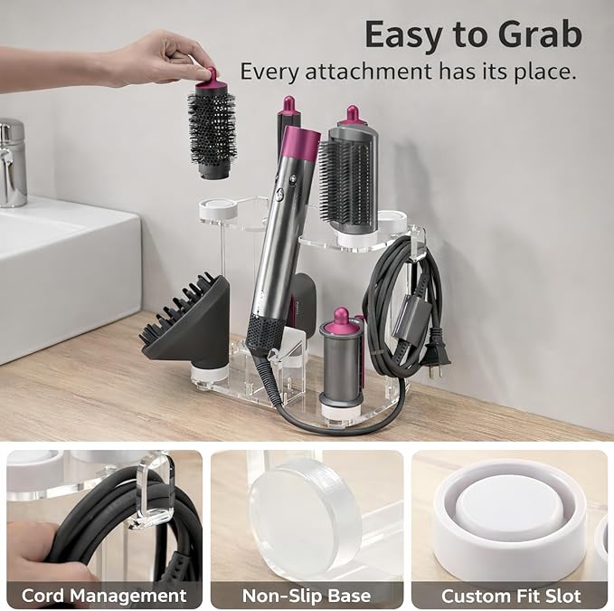 Dyson Airwrap Holder, Dyson Airwrap Organizer with 8 Slots, Clear Acrylic Stand for Shark Hair Dryer Holder, Wall-Mounted or Freestanding with Silicone Pads Bathroom Vanity Table