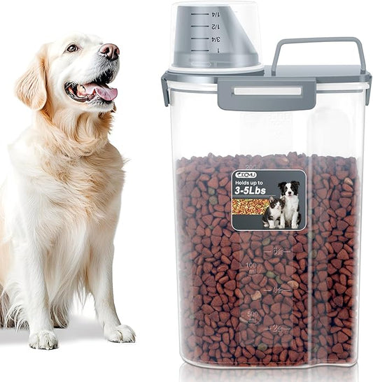 3-5LBS Upgraded Large Nozzle Cat Dog Food Storage Container BPA-free, Airtight Pet Food Storage Bin with 4 Lock Buckles, Sealing Gasket, Cup for Pet Food, Dog Treats, Rice, Flour, Dry- Grey Blue