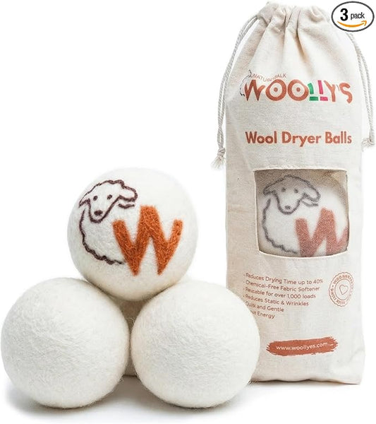 Woolly's Wool Dryer Balls – 100% Pure New Zealand Wool, Reusable Natural Fabric Softener, Reduces Drying Time & Clothes Wrinkles, Chemical-Free Dryer Balls (Pack of 3)