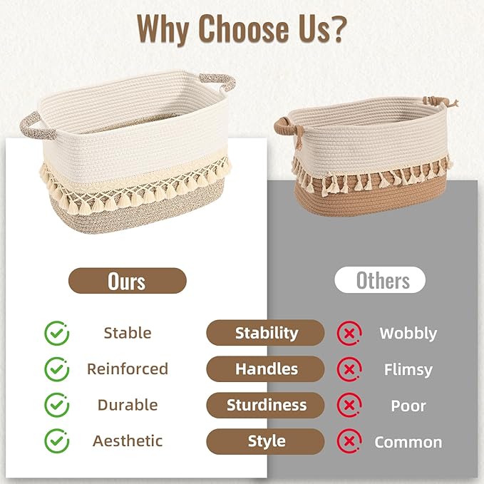 2 Pack Storage Basket for Shelves, Boho Cotton Rope Storage Bins with Heavy Tassel, Shelf Baskets Large Woven Baskets for Organizing, Cube Organizer Bins, Baby Laundry Basket for Clothes, Toys, Pets