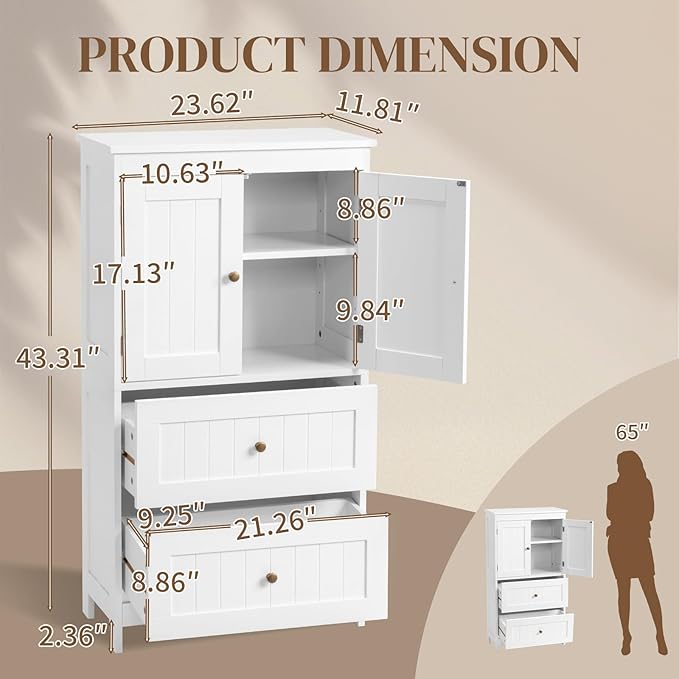 Karl home White Floor Storage Cabinet, Freestanding Storage Unit with 2 Drawers & 2 Doors, Thin Toilet Organizer for Small Spaces，for Entryway, Bathroom