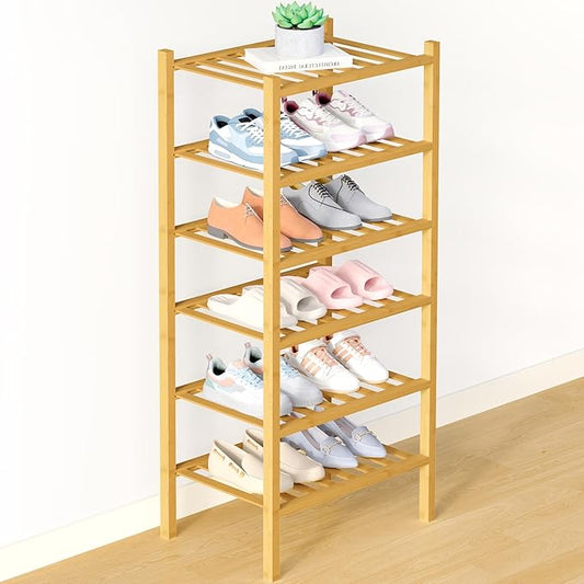 Smiry Bamboo Shoe Rack for Closet, 6 Tier Small Wooden Stackable Shoe Organizer, Free Standing Shoes Storage Shelf for Entryway, Front Door Entrance, Natural