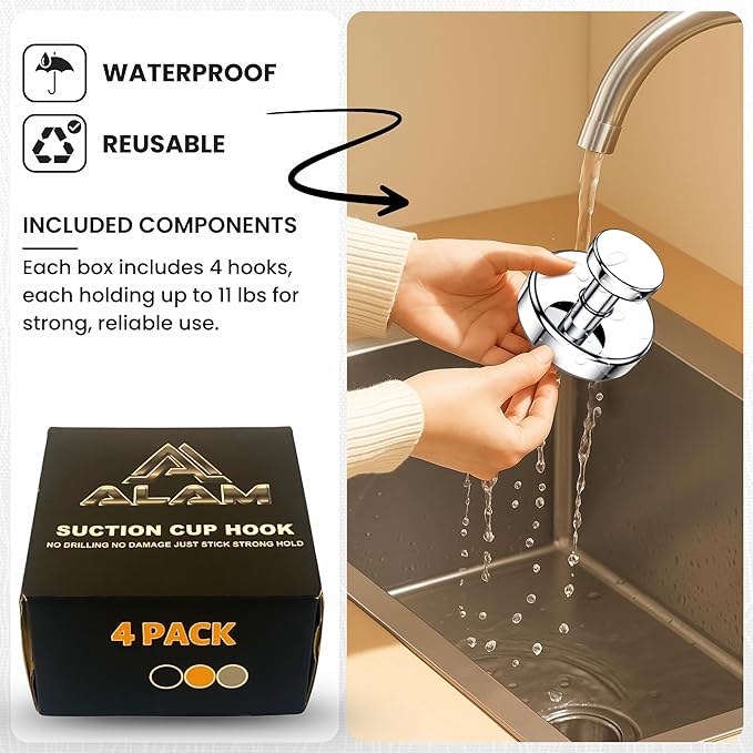Suction Cup Hooks 4 Pack – No Drill Heavy Duty Bathroom Towel Hooks, Removable Stainless Steel Shower Hooks for Kitchen, Glass, Door, Bathrobe & Coat