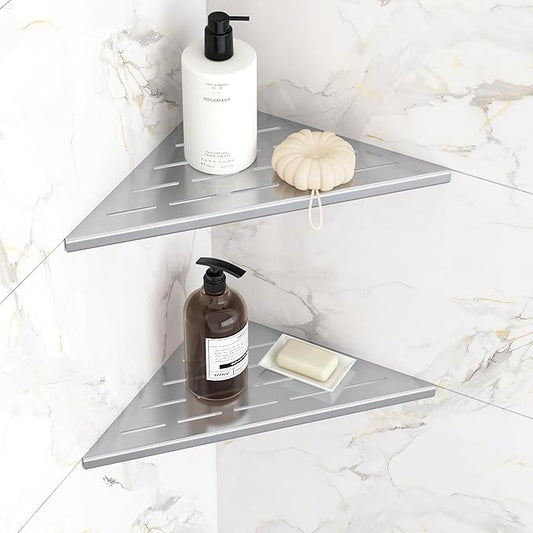 Corner Shower Shelves, 10” Recessed Tile Shower Shelf, 304 Stainless Steel Grout in Corner Tile Shower Shelves, No Drilling, Brushed Nickel, 2 Pack