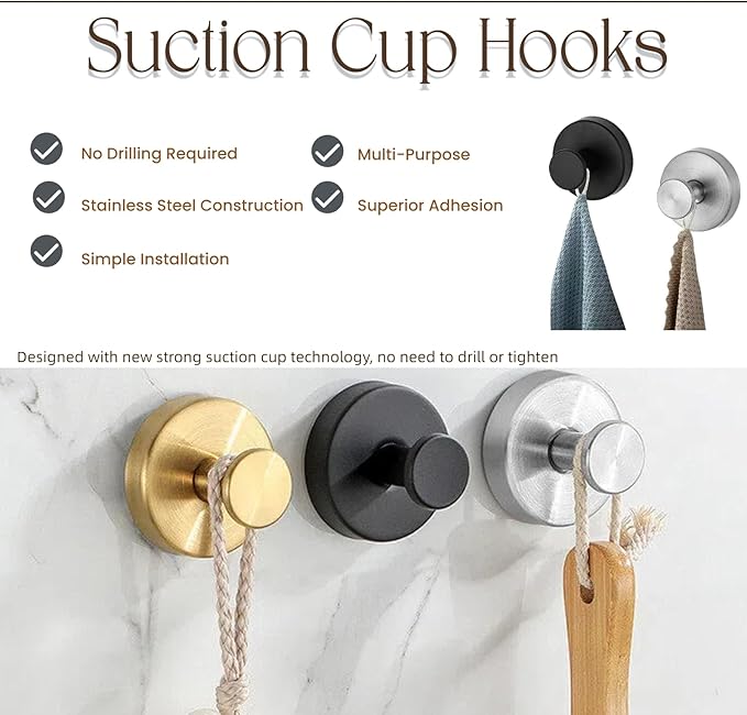 Suction Cup Hooks Removable Shower Hooks, 4Pcs Metal Towel Hooks for Bathroom Window Glass Wall Door Can Hang Various Towels Bath Towels Keychains, Gold Front Door Wreath Hanger, No-Drill Waterproof