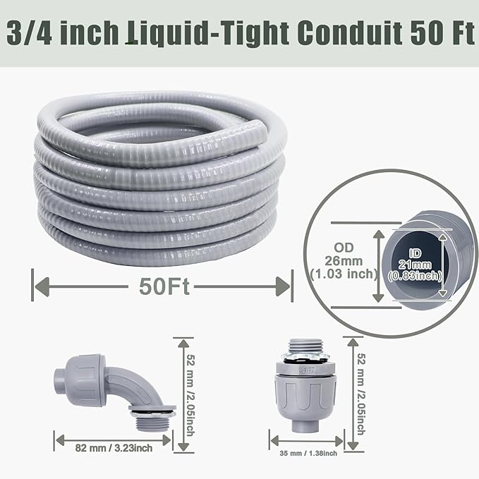 Liquid-Tight Conduit and Connector Kit - 3/4 Inch 50 FT Non Metallic Liquid Tight Electrical Conduit with 5 Straight and 5 Angle Fittings