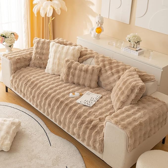 Soft Warm Faux Fur Couch Sofa Cover Thick Shaggy Fuzzy Sectional Couch Cover Non-Slip Solid Color Plush Sofa Slipcover Furniture Protector for Kids, Pets (Coffee,36"x36")