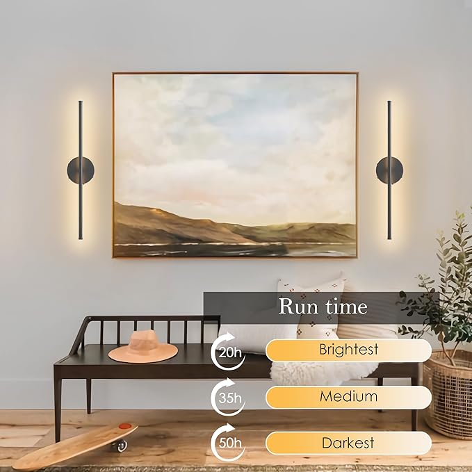 Battery Operated Wall Sconces, Dimmable Wall Sconces Set of Two, 350°Rotate, 3000K LED Black Wireless Wall Light for Living Room, Bedroom,Hallway, 20.4 Inch (2 Pack)