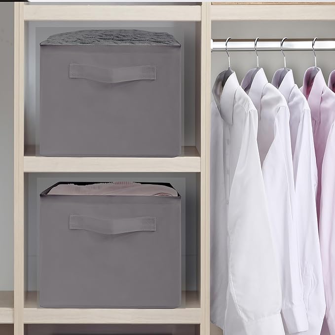 Storage Basket Bins with Metal Frame, Large Collapsible Fabric Storage Baskets for Organizing Shelf, Basket Organizer W/Handles for Towels, Laundry, Office, Home, 7-Pack, Grey