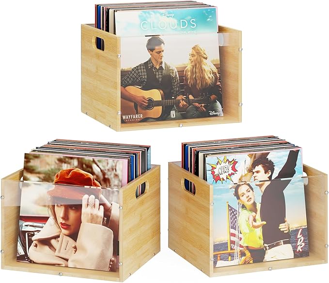 X-cosrack 3-Pack Vinyl Record Storage Box Crate, Visualize Acrylic & Bamboo Cube LP/Album Organizer Shelf Holder with Handle, Easy to Assemble