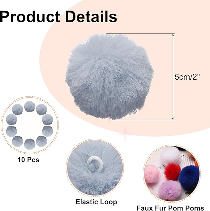 uxcell 2 Inch Faux Fur Pom Pom Balls, 10 Pcs Grey Fluffy Soft Faux Fur Pom Poms for Hats with Elastic Loop for DIY Knitting Hats Keychain Scarves Gloves Bags Shoes Accessories