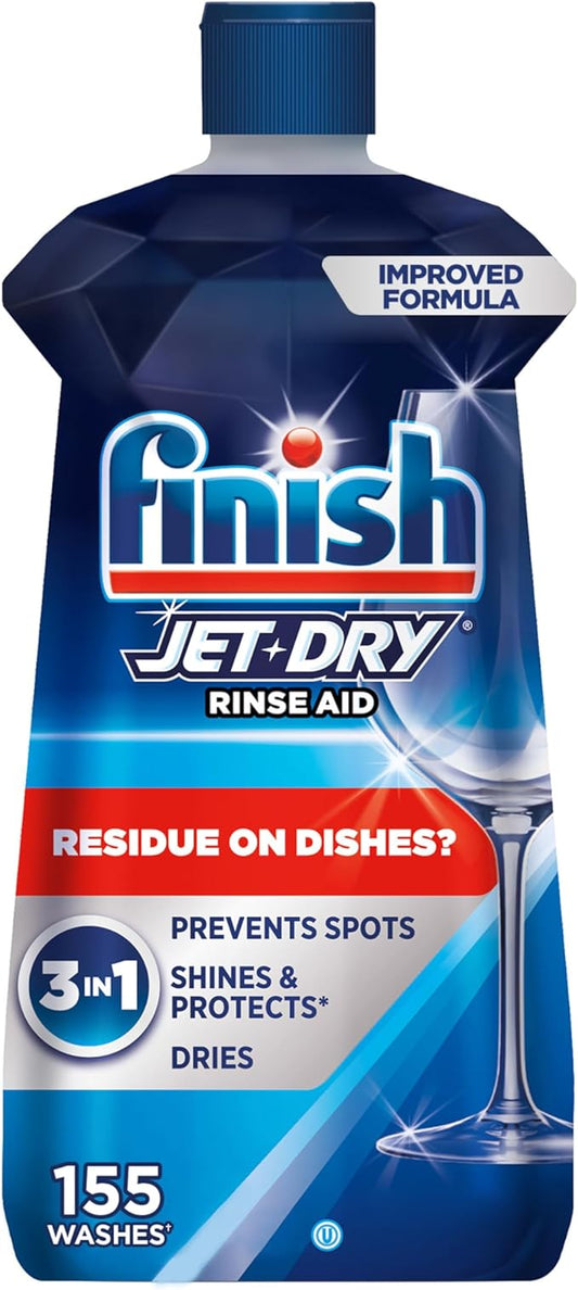 Finish Jet-Dry Dishwasher Rinse Aid, Compatible with Dishwasher Detergent, Prevents Spots & Residues, Dries, Shine & Protects, 16 oz, 155 Washes.