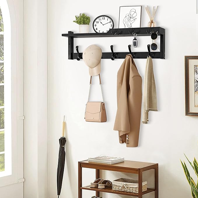 4 in 1 Coat Rack Wall Mount with Shelf, Coat Hooks 25.2" Entryway Coat Hanger with Key Hooks and Mail Holder, Wall Hooks with Shelf, Hat Rack for Wall Key Holder Mail Organizer