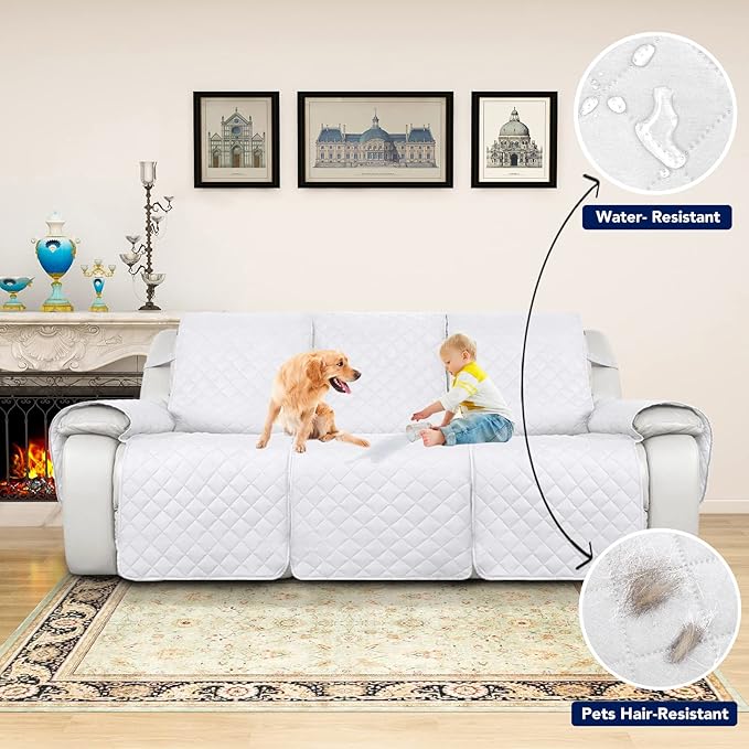 PureFit Water Resistant Reversible Sofa Covers for Reclining Sofa 3 Seat - Non Slip Split Recliner Couch Cover for 3 Cushion Couch, Washable Furniture Protector for Kids, Dogs (3 Seat, White/White)