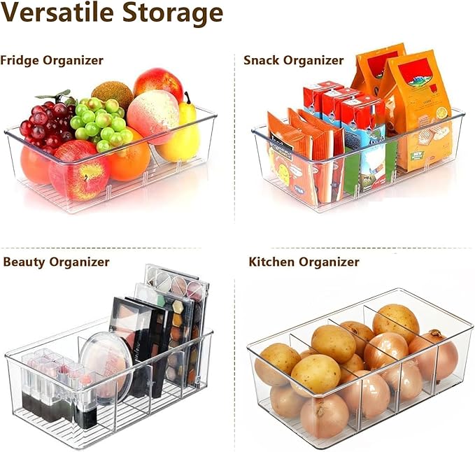 4 Pack Pantry Organizers and Storage,Clear Plastic Organizer Bins for Kitchen,Fridge,Drawer Organization and Storage,4 compartment Snack Containers for Spice Packets,Tea bag