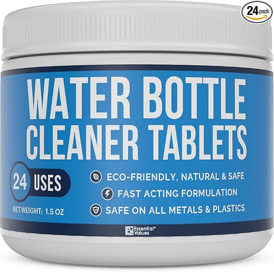 Essential Values Water Bottle Cleaner - Water Bottle Cleaning Tablets & Reservoir Bladder Cleaner Tabs (24 Tablets) - Tumbler Dispenser Hydration Pack Washer - Manufactured in USA
