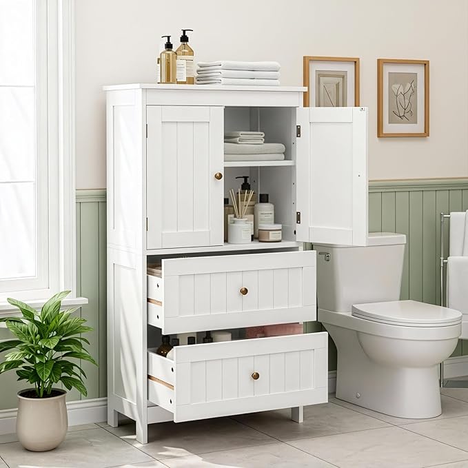 Karl home White Floor Storage Cabinet, Freestanding Storage Unit with 2 Drawers & 2 Doors, Thin Toilet Organizer for Small Spaces，for Entryway, Bathroom