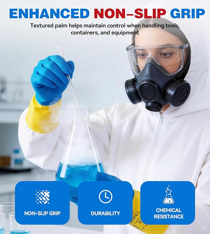 Neoprene and Rubber Blend Heavy-Duty Chemical Gloves, Protective industrial gloves for Resist Acid, Alkali, Hazmat, cleaning, dishwashing, X-Large