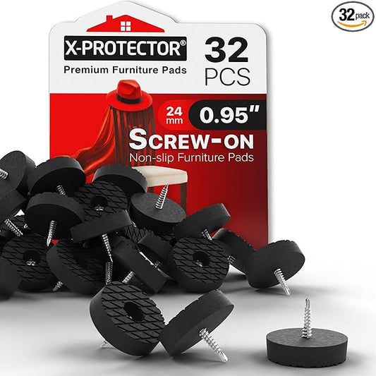 X-Protector Screw On Rubber Feet - 32 PCS 0.95" - Premium Non Slip Furniture Pads - Anti Skid Pads for Furniture Feet - Chair Leg Protectors - Furniture Grippers for All Surfaces - Protect Any Floors!