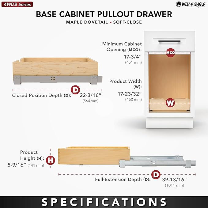Rev-A-Shelf Standard Pullout Kitchen Cabinet Organizer and Drawer Box with Soft-Close for 21" Base and 17.75" W Cabinet Opening, Wood, 4WDB-18SC-1