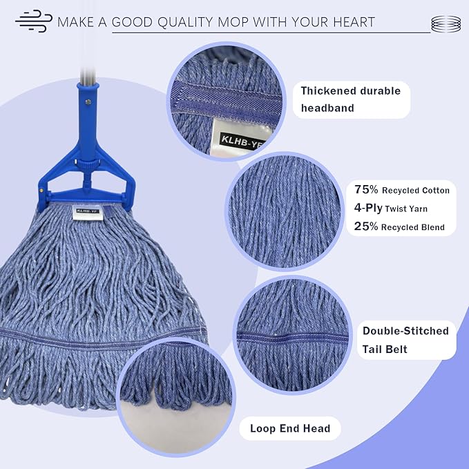 Commercial Cotton Mop Heavy-Duty Industrial with 2 Replacement Heads 152 cm Handle Replacement mop Head (Blue)