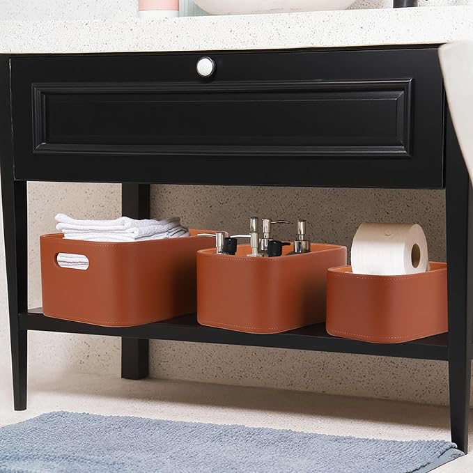 Faux Leather Storage Baskets — Set of 3, Brown