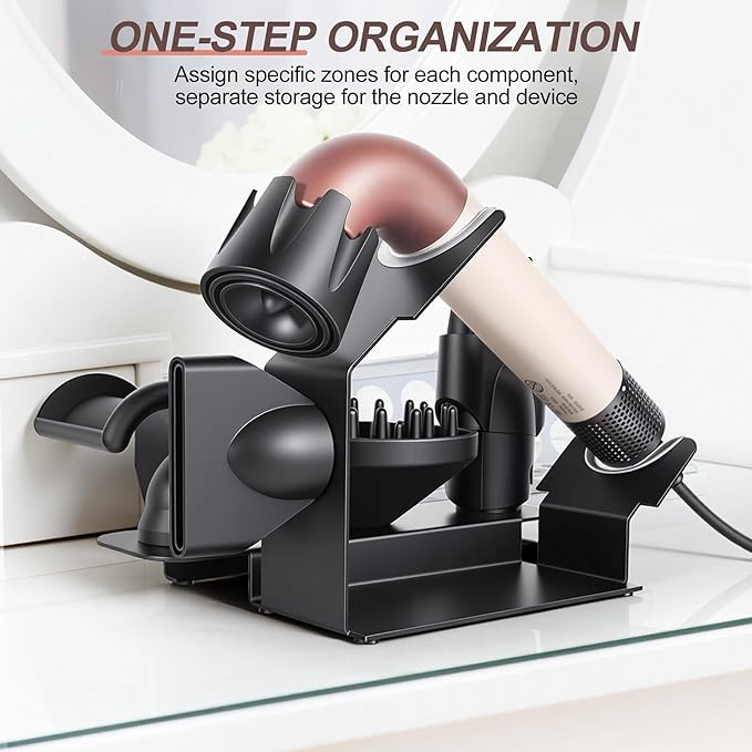 Affogato Hair Dryer Holder Stand Compatible with Dyson Supersonic r, Magnetic 4 Holes Countertop Hair Dryer Organizer, Steel Storage Rack for Attachments Diffuser/Nozzles