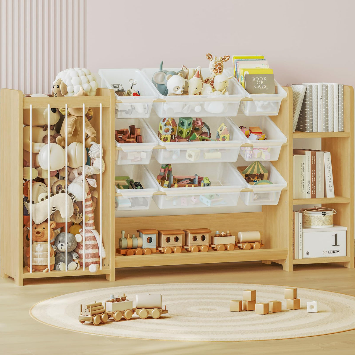3-in-1 Montessori Toy Organizer with Bookshelf, 9 Clear - Image 1
