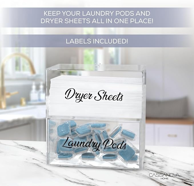 Dryer Sheet Holder, Acrylic Dryer Sheet Dispenser with Anti Slip Pads, Laundry Pod Container, Laundry Room Organization Dispenser, Laundry Pod Holder, Clothes Pins, Dryer Balls Storage