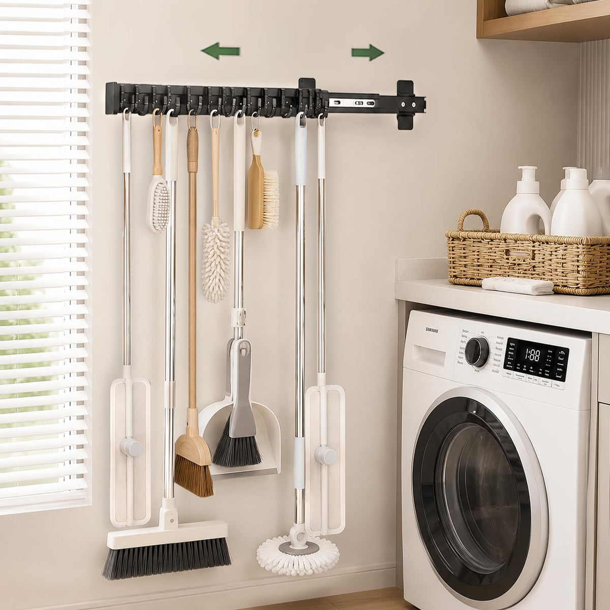 Slide Out Broom Holder 22"-Wide with 14 Movable Hooks Black - Image 1