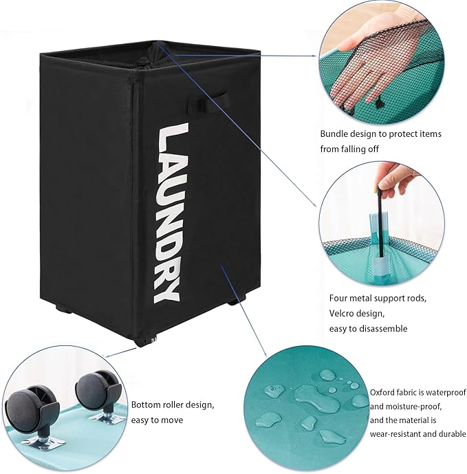 Laundry Hamper with Wheels 85L Large Collapsible Laundry Basket, Waterproof Dirty Clothes Hamper with Mesh Bag for Dorm Room Storage, Foldable Narrow Corner Clothes Storage Bins, Black