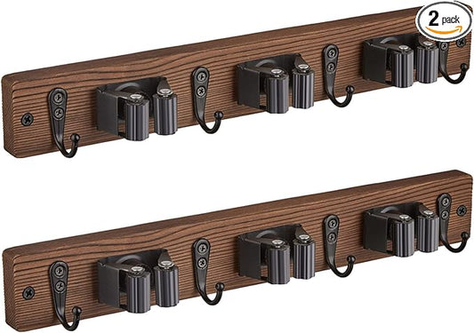 2 Pack Mop Broom Holder Wall Mount with 3 Slots & 4 Hooks - Rustic Wood Broom Mop Hanger for Pantry Kitchen Organization - Garden Tool Organizer for Closet Laundry Room