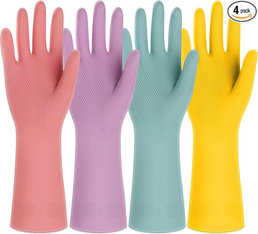 4 Pairs Rubber Kitchen Dishwashing Gloves - Colorful Reusable Household Cleaning Gloves Outdoor Chores for Women & Men (Medium)