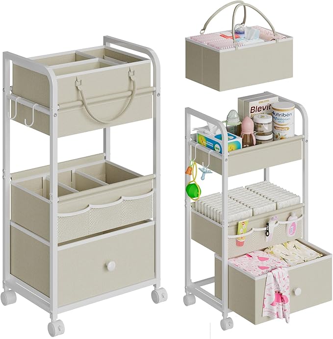2In1 Baby Diaper Caddy Organizer and Storage, 3 Tier Rolling Cart with Drawer, Mobile Utility Cart Baby Dresser Clothes Organizer for Crib, Art & Craft Storage, White, 17"W x 11.42"D x 33.5"H
