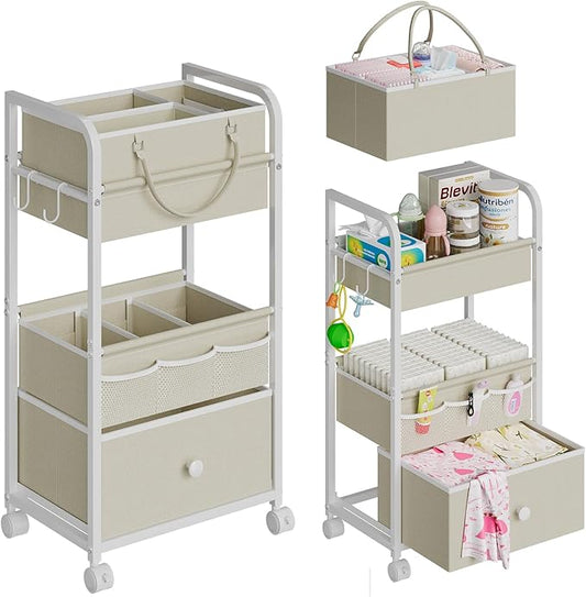 2In1 Baby Diaper Caddy Organizer and Storage, 3 Tier Rolling Cart with Drawer, Mobile Utility Cart Baby Dresser Clothes Organizer for Crib, Art & Craft Storage, White, 17"W x 11.42"D x 33.5"H