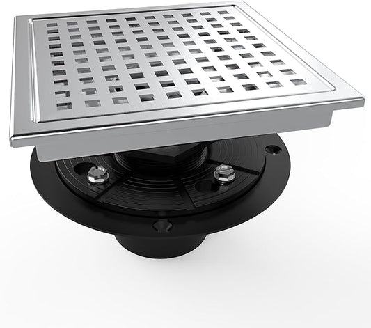 WEBANG 6 Inch Square Shower Floor Drain with Flange,Quadrato Pattern Grate Removable,Food-Grade SUS 304 Stainless Steel,Watermark&CUPC Certified,Brushed
