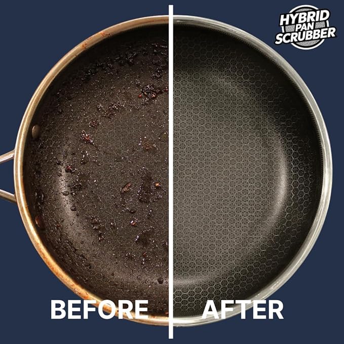 Stainless Steel & Hybrid Cookware Scrub & Polisher with Soap-Dispensing Handle, Dual-Layer DuoPad & Drydock Tray. Refillable, Ergonomic, Safe for All Hybrid and Stainless Steel cookware.