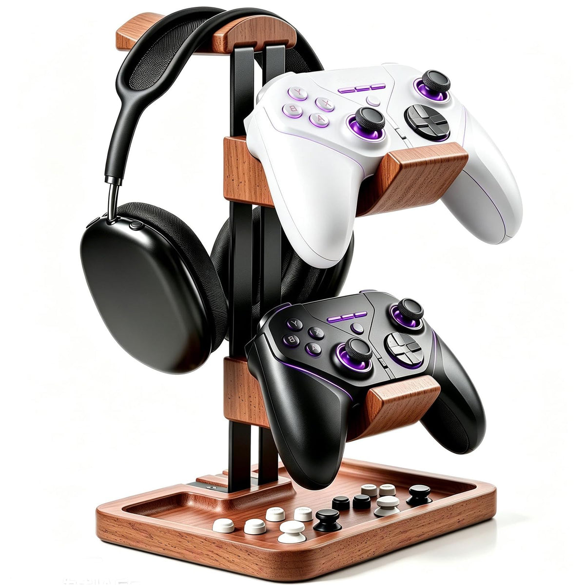 Walnut Headphone and Controller Stand, 2-in-1 Holder with Storage - Image 1