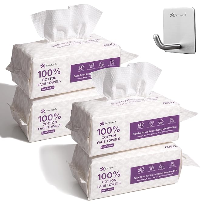 100% Cotton Disposable Face Towels 240 Count, Soft Cotton Tissue for Sensitive Skin, Makeup Remover Dry Wipes, Lint Free Facial Cleansing Cloths for Baby & Adult, Hanging Bag