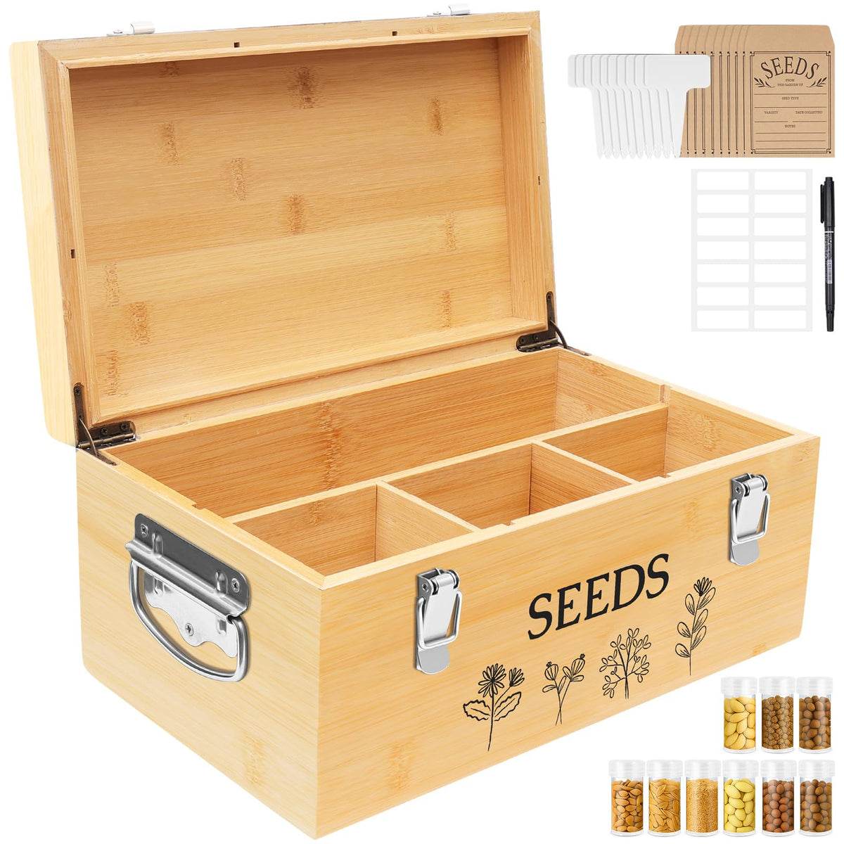 Large Bamboo Wood Seed Storage Organizer Box | Home Organization - Image 1
