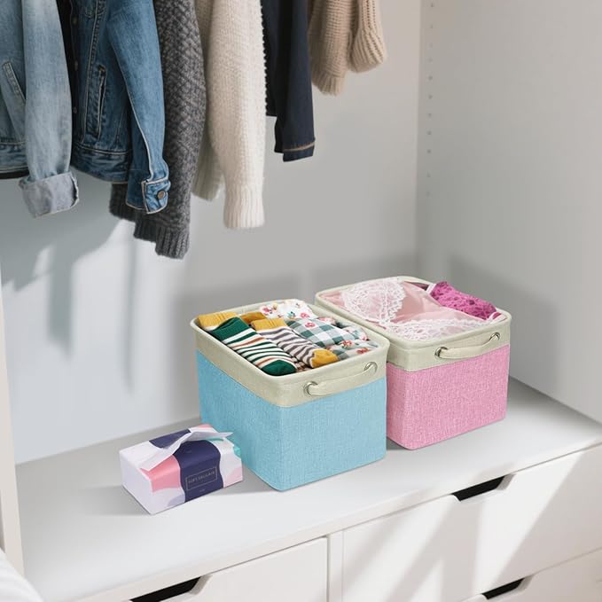 BALEINE 4 Pack Fabric Closet Storage Bins for Shelves, Linen Closet Organizers and Storage, Decorative Baskets for Organizing, Shelf, Clothes, Home, Office (Pink, 12"x8"x8")