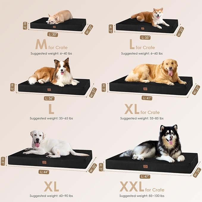 EHEYCIGA Memory Foam Dog Bed Orthopedic 35"x23"，Waterproof Pet Bed for Larged Size Dogs ，Washable Pet Mat with Removable Cover, Black