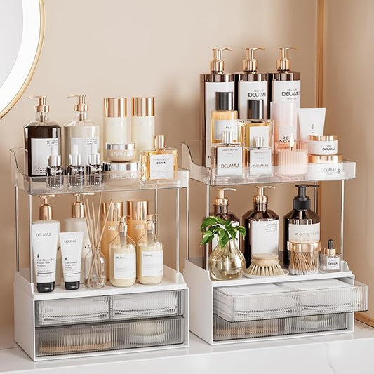 Delamu Bathroom Organizers and Storage, 2 Tier 2 Drawer Makeup Organizer Countertop, Easy to Install, Ideal for Bathroom Counter, Vanity, Ideal for Women Girls, Clear 2Pack