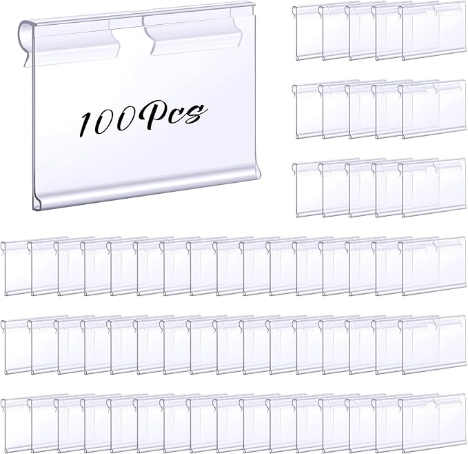 Tatuo 100 Pcs Reusable Plastic Wire Shelf Label Holders, Price Card Sign for Pantry Retail Supermarket Merchandise Shopping Mall Shop Ticket Display Holder Clip on Design, 2.36" L x 1.65" H (Clear)